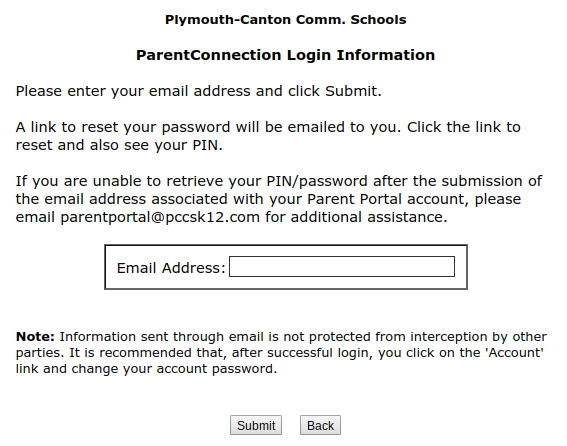 Parent Portal password reset screenshot